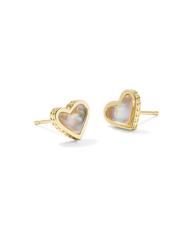 KENDRA SCOTT ARI HEART COLLECTION 14K YELLOW GOLD PLATED BRASS FASHION STUD EARRINGS IN IRIDESCENT ABALONE