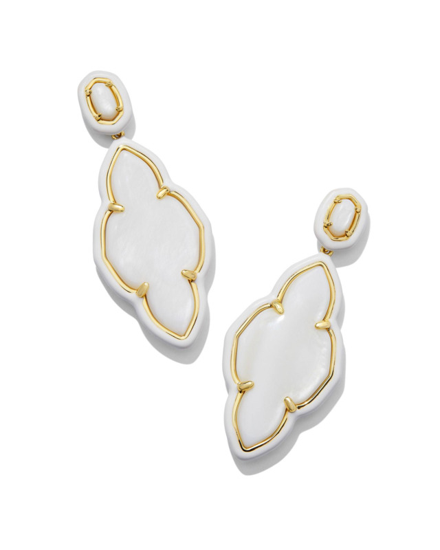 KENDRA SCOTT ABBIE COLLECTION 14K YELLOW GOLD PLATED BRASS ENAMEL FRAME STATEMENT FASHION EARRINGS IN WHITE MOTHER OF PEARL