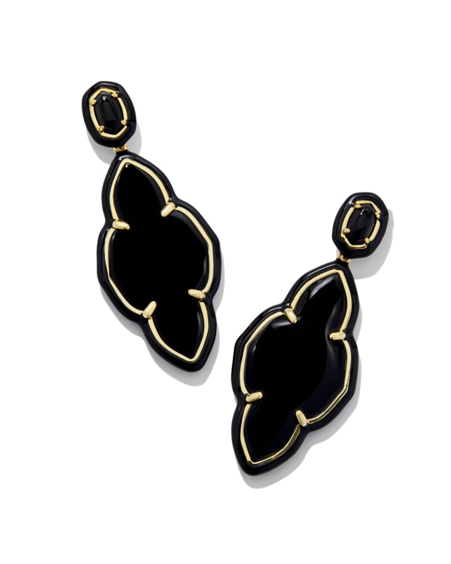 KENDRA SCOTT ABBIE COLLECTION 14K YELLOW GOLD PLATED BRASS ENAMEL FRAME STATEMENT FASHION EARRINGS IN BLACK AGATE