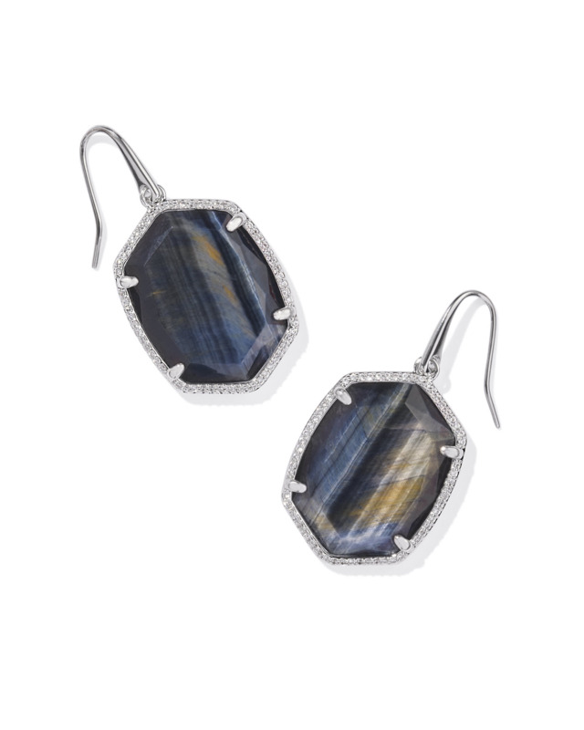 KENDRA SCOTT DAPHNE COLLECTION RHODIUM PLATED BRASS FASHION EARRINGS WITH NAVY TIGER'S EYE & CRYSTALS