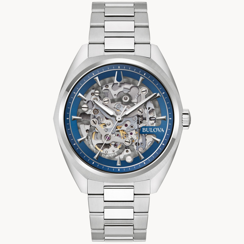 GENTS BULOVA AUTOMATIC SURVEYOR WATCH STAINLESS STEEL CASE AND BRACELET STRAP WITH BLUE DIAL