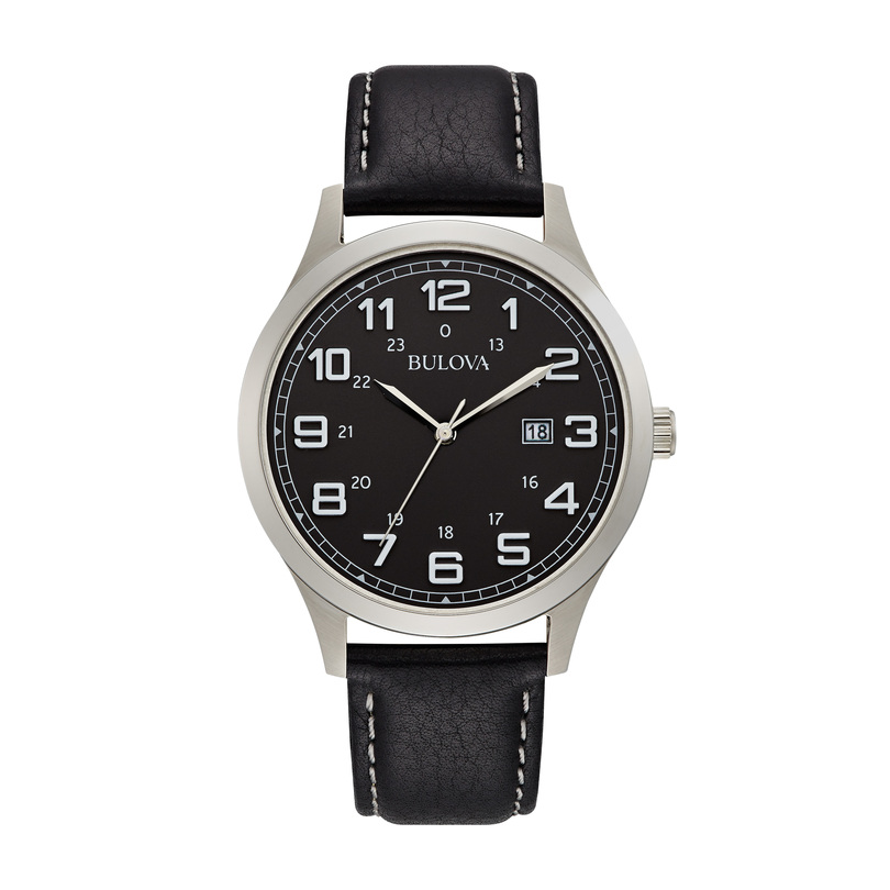 GENTS BULOVA WATCH STAINLESS STEEL CASE  BLACK DIAL AND BLACK LEATHER STRAP