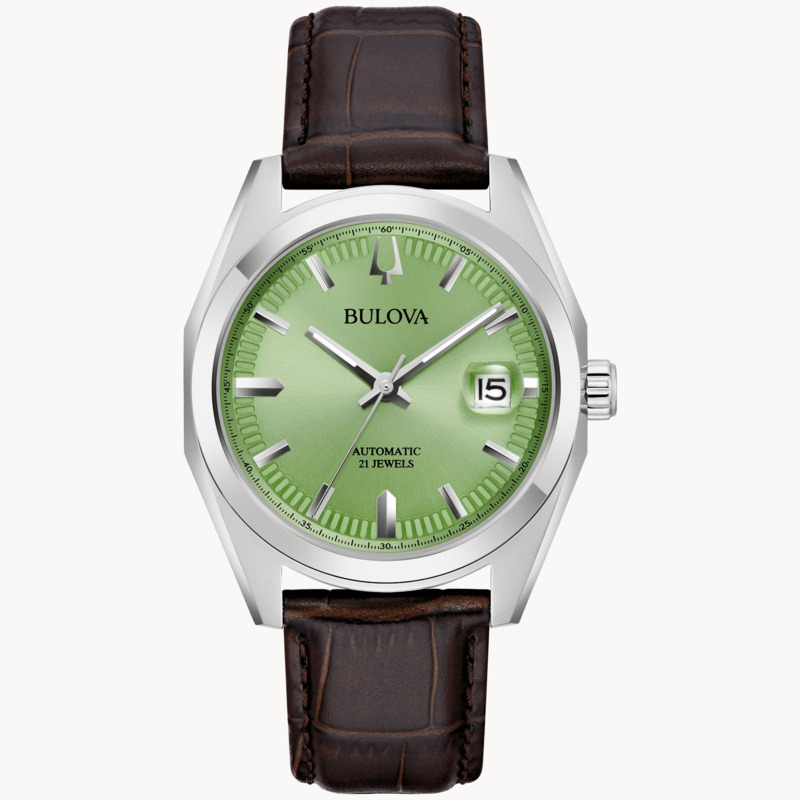 GENTS BULOVA AUTOMATIC SURVEYOR WATCH STAINLESS STEEL CASE WITH LIGHT GREEN DIAL AND BROWN LEATHER STRAP