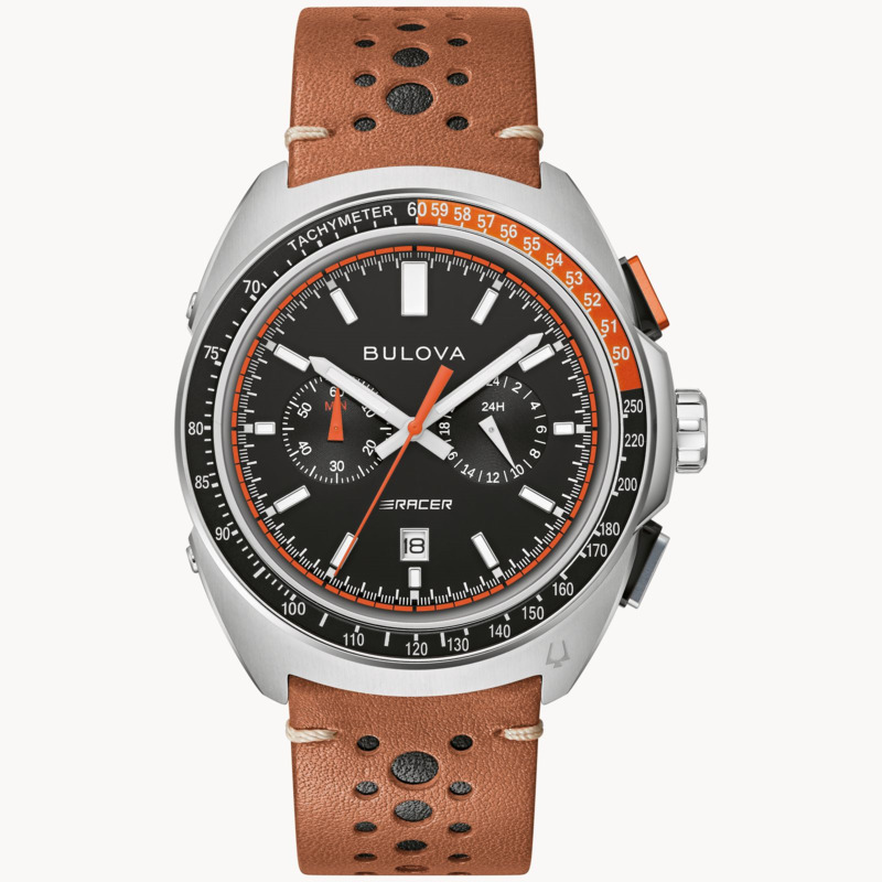 GENTS BULOVA RACER CHRONOGRAPH STAINLESS STEEL CASE  BLACK AND ORANGE BEZEL  BLACK DIAL  AND PERFORATED BROWN LEATHER RACING-STYLE STRAP