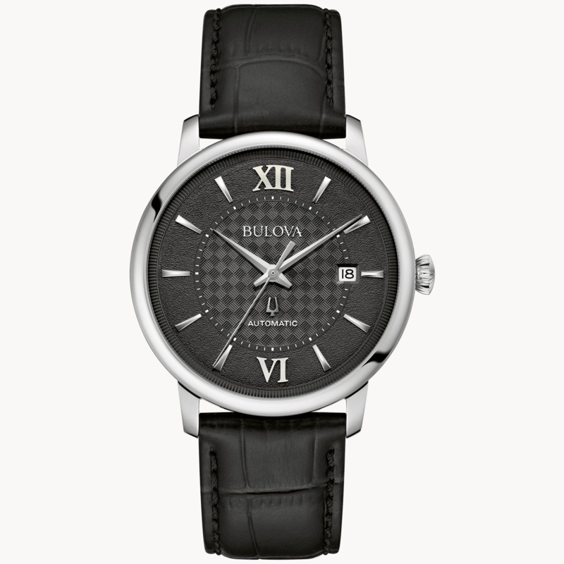 GENTS BULOVA AUTOMATIC HUDSON WATCH WITH STAINLESS STEEL CASE WITH BLACK TEXTURED DIAL AND BLACK LEATHER STRAP