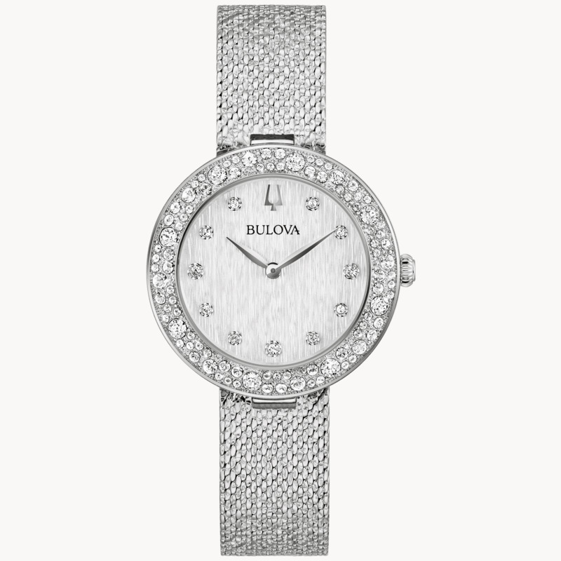 LADIES BULOVA CRYSTAL WATCH WITH STAINLESS STEEL CASE  SILVER TEXTURED DIAL WITH CRYSTAL ACCENTS  CRYSTAL SET BEZEL  AND MESH TEXTURED BRACELET STRAP