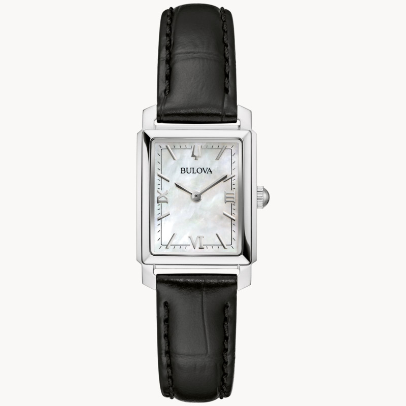 LADIES BULOVA SUTTON WATCH STAINLESS STEEL CASE  MOTHER OF PEARL DIAL AND BLACK LEATHER STRAP