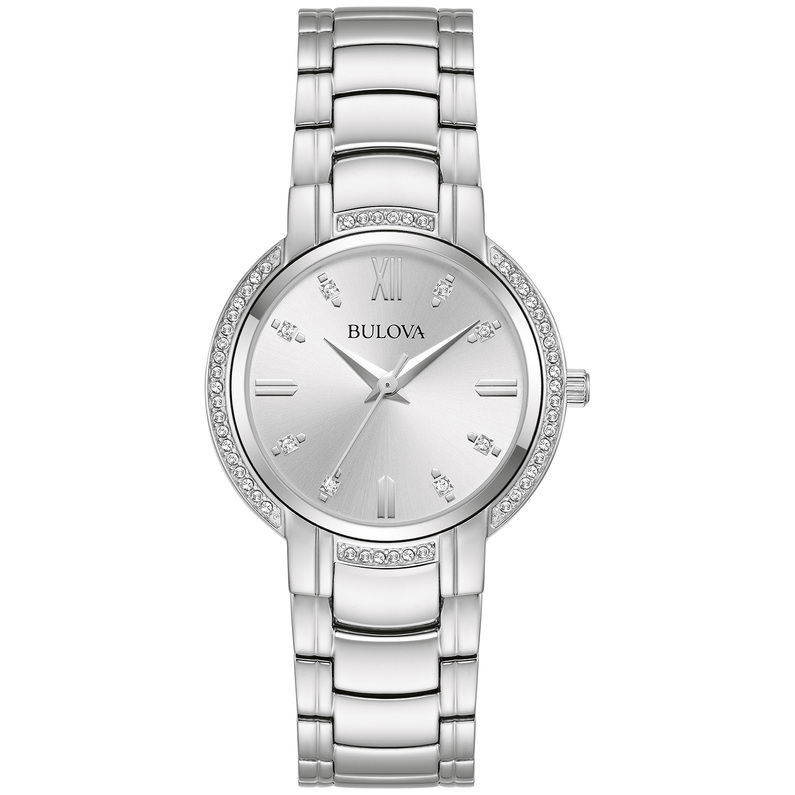 LADIES BULOVA WATCH STAINLESS STEEL BRACELET STRAP AND CASE WITH SILVER DIAL AND CRYSTAL BEZEL