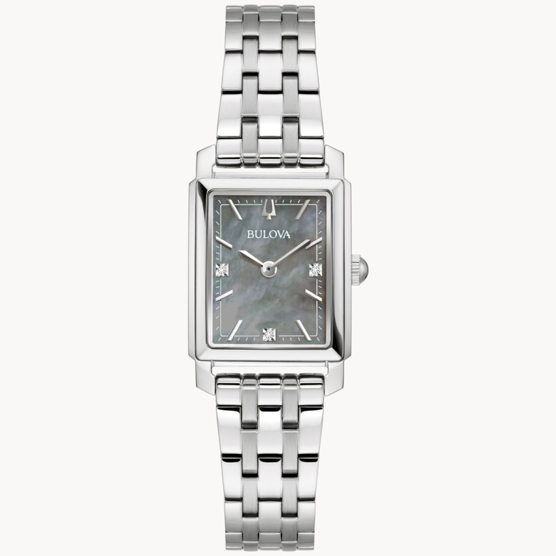 LADIES BULOVA SUTTON WATCH STAINLESS STEEL CASE AND BRACELET STRAP WITH GRAY MOTHER OF PEARL DIAL AND DIAMOND ACCENT MARKERS