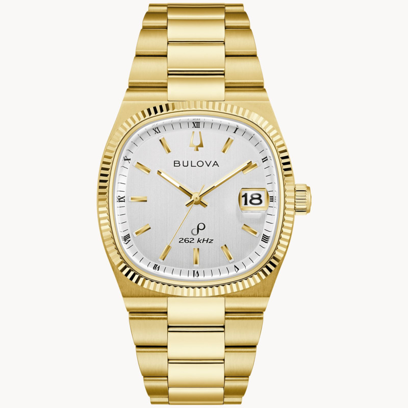 GENTS BULOVA SUPER SEVILLE WATCH GOLD TONE STAINLESS STEEL CASE AND BRACELET STRAP WITH SILVER TONE DIAL  ILLUMINATED HANDS AND MARKERS