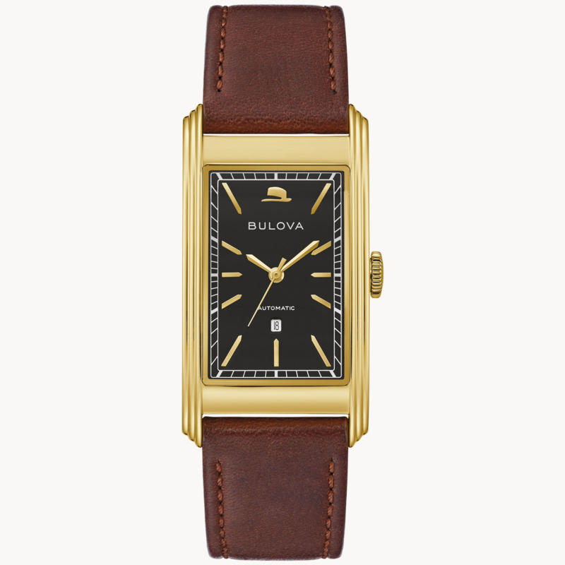 GENTS BULOVA CHAIRMAN OF THE BOARD AUTOMATIC WATCH 18KT YELLOW GOLD PLATED STAINLESS CASE WITH BLACK DIAL AND BROWN LEATHER STRAP - LIMITED EDITION - #348 OF 500