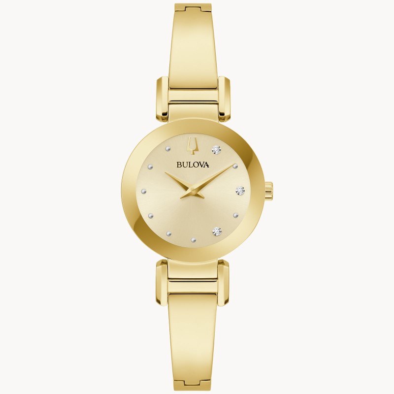 LADIES BULOVA MARC ANTHONY COLLECTION GOLDTONE STAINLESS STEEL WATCH WITH GOLDTONE DIAL  CASE AND BRACELET STRAP