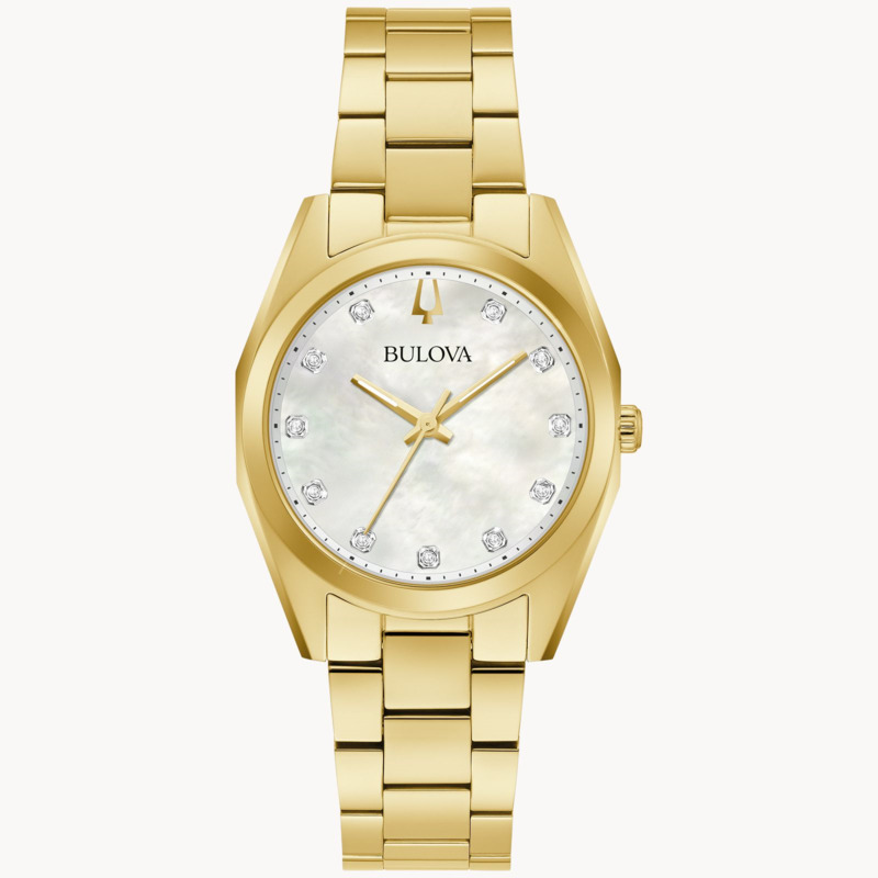 LADIES BULOVA SURVEYOR WATCH GOLD TONE STAINLESS STEEL CASE AND BRACELET STRAP WITH MOTHER OF PEARL DIAL AND DIAMOND ACCENT MARKERS