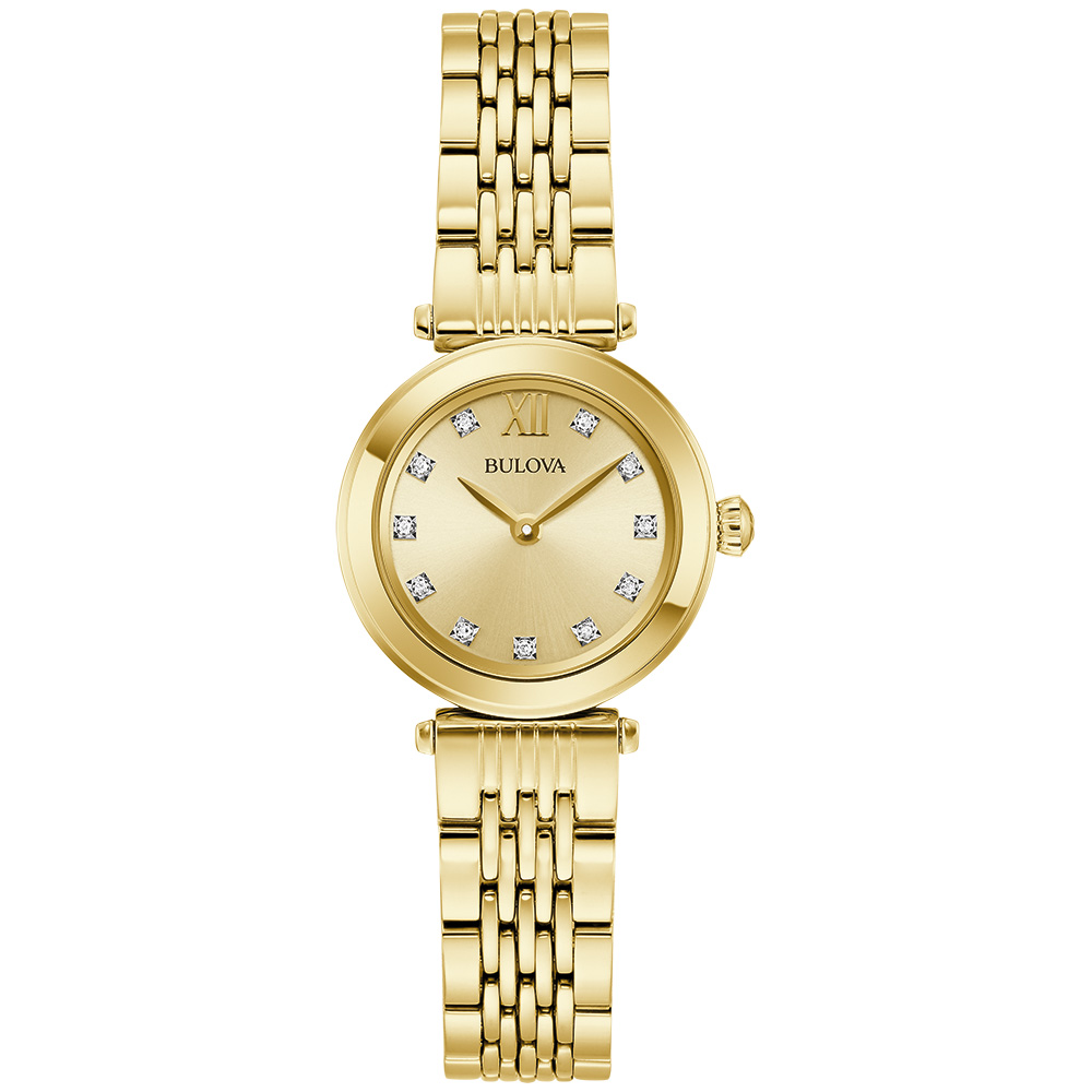 LADIES BULOVA WATCH GOLD TONE STAINLESS STEEL CASE AND BRACELET STRAP  GOLD DIAL WITH DIAMOND ACCENTS