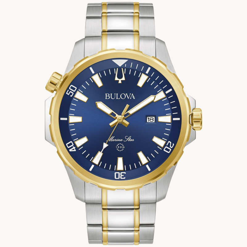 GENTS BULOVA MARINE STAR WATCH TWO TONE STAINLESS STEEL GOLD TONE CASE  BLUE DIAL  AND TWO TONE BRACELET STRAP