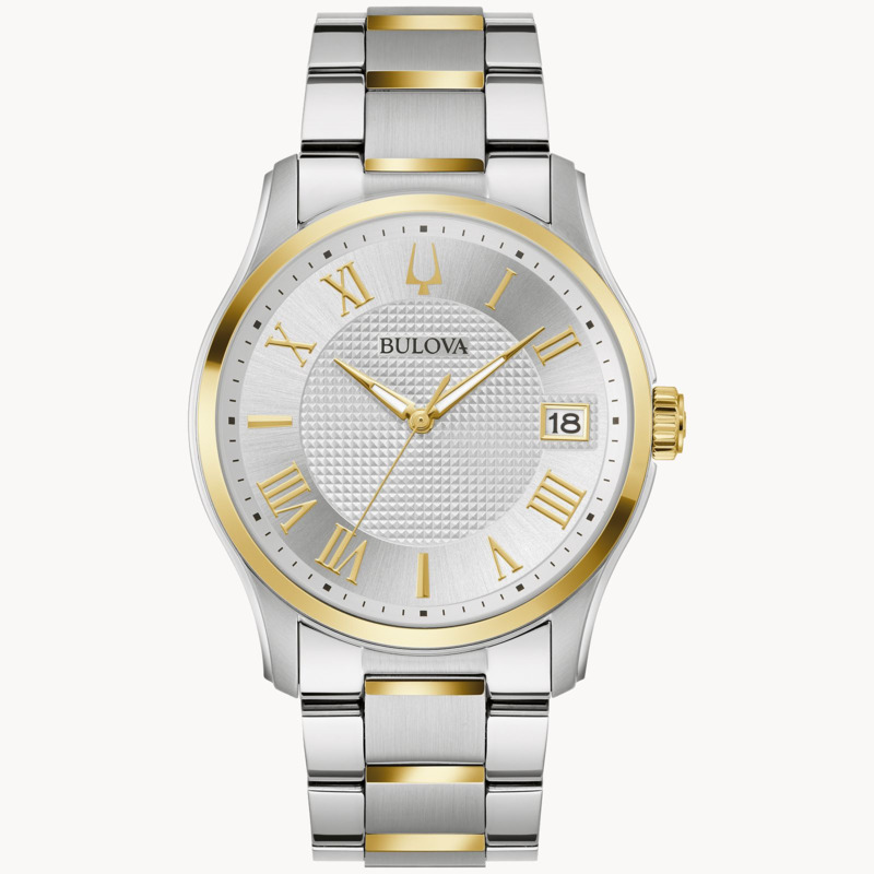 GENTS BULOVA WILTON WATCH TWO TONE STAINLESS STEEL DIAL AND CASE WITH STAINLESS STEEL BRACELET STRAP