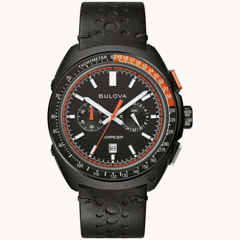 GENTS BULOVA RACER CHRONOGRAPH BLACK TONE STAINLESS STEEL CASE  BLACK AND ORANGE BEZEL  BLACK DIAL  AND PERFORATED BLACK LEATHER RACING-STYLE STRAP