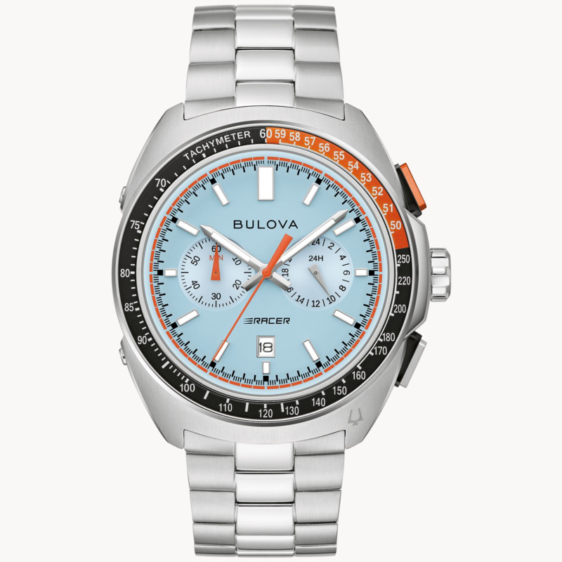 GENTS BULOVA RACER CHRONOGRAPH STAINLESS STEEL CASE  BLACK AND ORANGE BEZEL  LIGHT BLUE DIAL  AND STAINLESS STEEL BRACELET STRAP