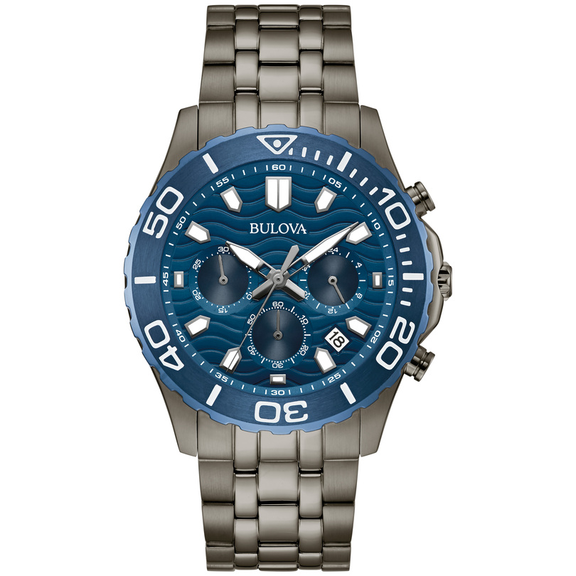 GENTS BULOVA WATCH GUNMETAL TONE STAINLESS STEEL BRACELET STRAP WITH BLUE BEZEL AND DIAL