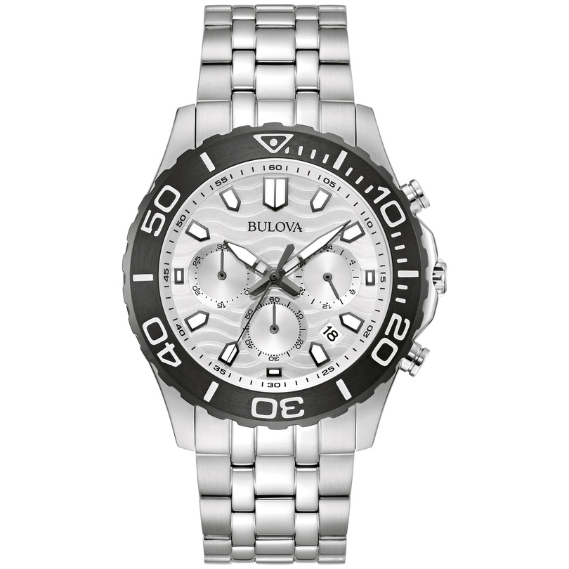 GENTS BULOVA WATCH STAINLESS STEEL BRACELET STRAP  BLACK BEZEL  AND WHITE DIAL