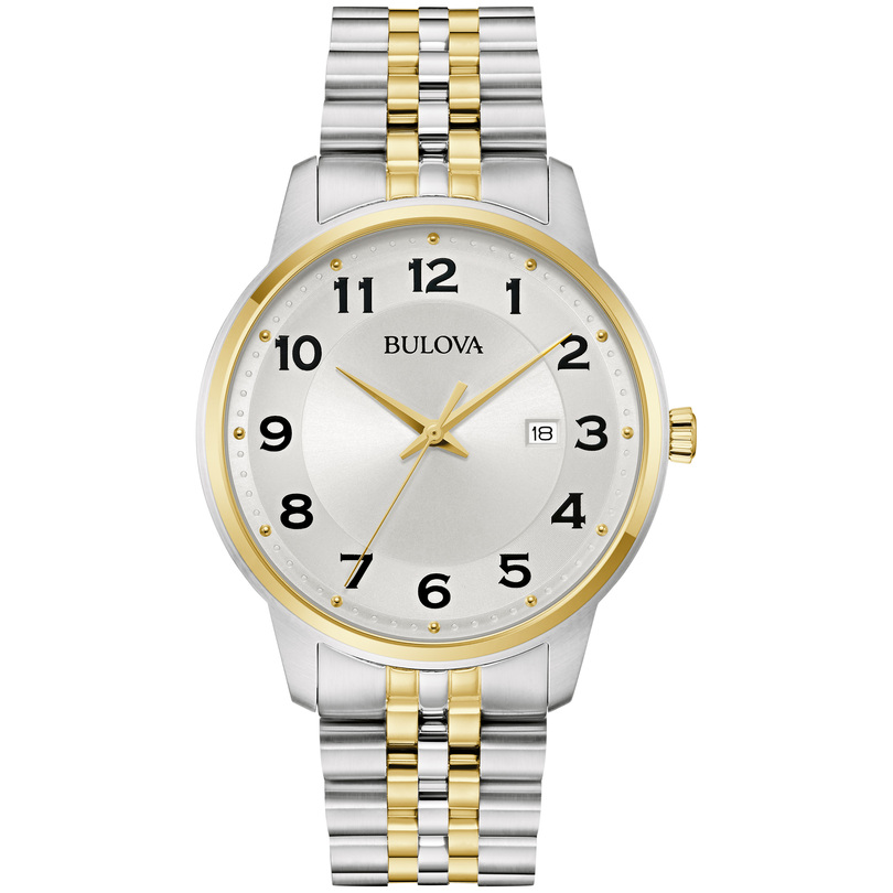 GENTS BULOVA WATCH TWO TONE STAINLESS STEEL BRACELET STRAP WITH WHITE DIAL AND GOLD TONE CASE