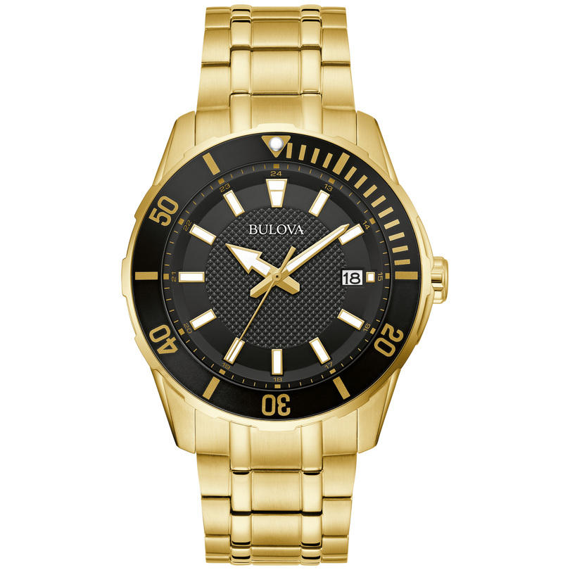 GENTS BULOVA WATCH GOLD TONE STAINLESS STEEL BRACELET STRAP  BLACK BEZEL AND DIAL