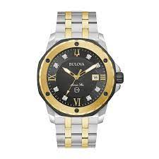 GENTS BULOVA MARINE STAR WATCH TWO TONE STAINLESS STEEL BRACELET STRAP  BLACK AND GOLD TONE CASE  BLACK DIAL WITH DIAMOND MARKERS