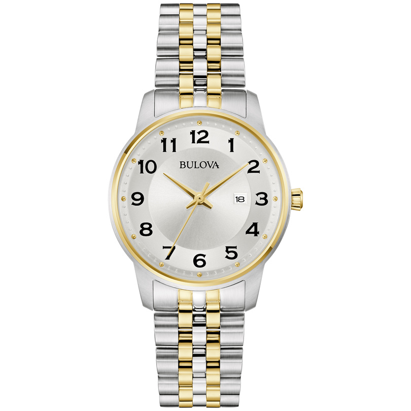 LADIES BULOVA WATCH TWO TONE STAINLESS STEEL BRACELET STRAP WITH WHITE DIAL AND GOLD TONE BEZEL