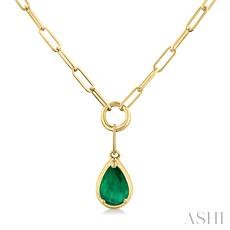 10K YELLOW GOLD BEZEL NECKLACE WITH ONE = 6.00X4.00MM PEAR EMERALD