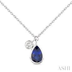 14K WHITE GOLD BEZEL NECKLACE WITH ONE = 6.00X4.00MM PEAR SAPPHIRE AND ONE = 0.05CT ROUND I-J SI2-I1 DIAMOND