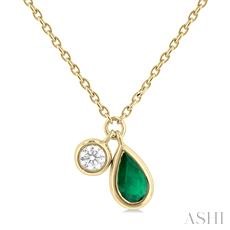 10K YELLOW GOLD BEZEL NECKLACE WITH ONE = 5.00X3.00MM PEAR EMERALD AND ONE = 0.03CT ROUND I-J SI2-I1 DIAMOND