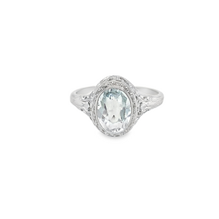 14K WHITE GOLD ANTIQUE ESTATE RING SIZE 5.75 WITH ONE 8.00X6.50MM OVAL AQUA (TOTAL GRAM WEIGHT: 2.171) (ESTATE ITEM:  ALL SALES FINAL  AS IS  NO WARRANTY)