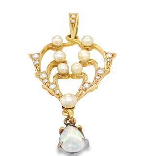 14K YELLOW GOLD VINTAGE STYLE ESTATE PENDANT WITH ONE 0.15CT PEAR OPAL AND 20 ROUND SEED PEARLS TOTAL GRAM WEIGHT: 1.220 (ESTATE ITEM:  ALL SALES FINAL  AS IS  NO WARRANTY)