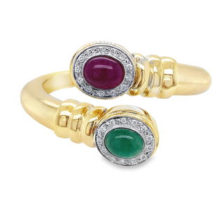 14K YELLOW GOLD ESTATE BRACELET WITH ONE 3.00CT CABOCHON RUBY  ONE 4.50CT CABOCHON EMERALD AND 26=0.26TW ROUND G-H VS1-VS2 DIAMONDS TOTAL GRAM WEIGHT: 62.3 (ESTATE ITEM:  ALL SALES FINAL  AS IS  NO WARRANTY)