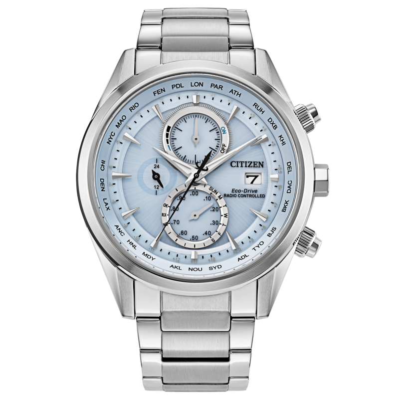 GENTS ECO DRIVE RADIO CONTROLLED SPORT LUXURY WATCH STAINLESS STEEL CASE AND BRACELET BAND WITH LIGHT BLUE DIAL