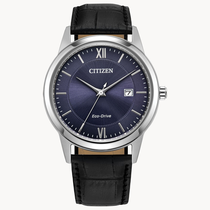MEN'S ECO DRIVE CLASSIC WATCH WITH STAINLESS STEEL CASE  BLUE DIAL  AND BLACK LEATHER STRAP