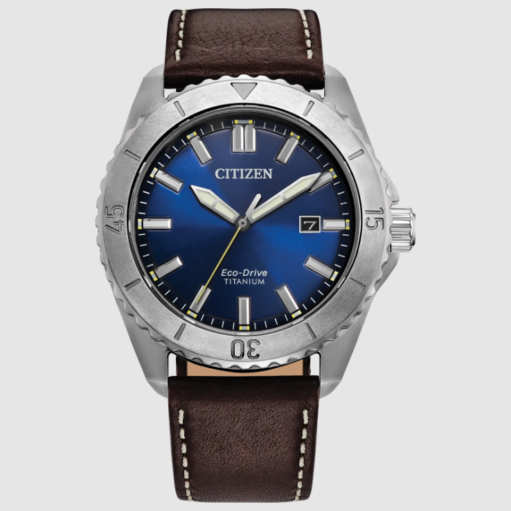 GENTS CITIZEN ECO DRIVE BRYCEN WATCH SUPER TITANIUM CASE  BROWN LEATHER STRAP AND BLUE DIAL