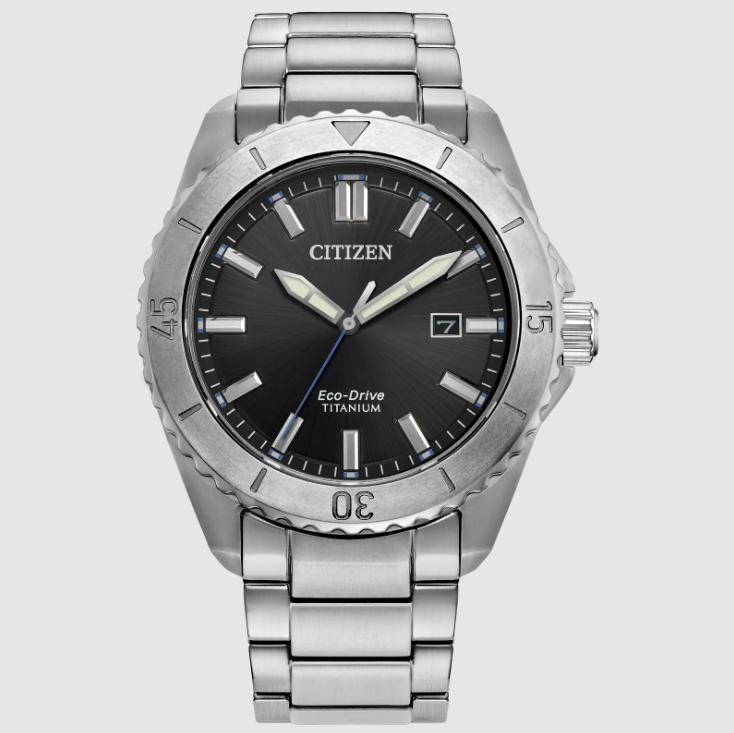 GENTS ECO DRIVE BRYCEN WATCH SILVER TONE SUPER TITANIUM BRACELET STRAP AND CASE WITH BLACK DIAL