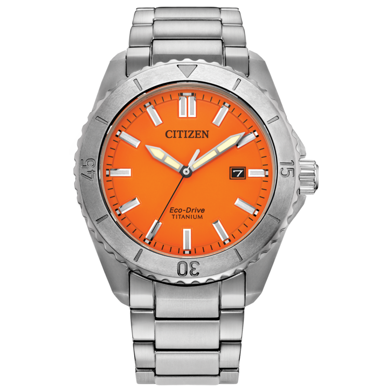 GENTS CITIZEN ECO DRIVE BRYCEN WATCH SUPER TITANIUM BRACELET STRAP AND CASE WITH ORANGE DIAL