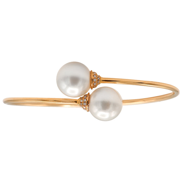 18K ROSE GOLD BANGLE PEARL BRACELET WITH 2 = 11.00X12.00MM SOUTH SEA PEARLS AND 42 = 0.20TW ROUND G-H SI2-I1 DIAMONDS