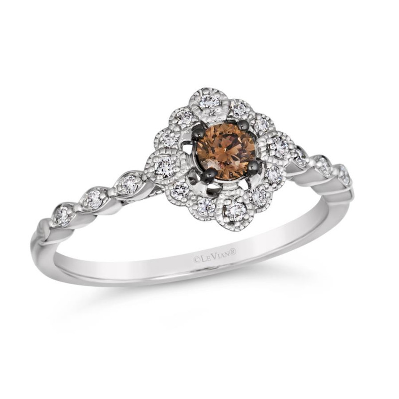 LE VIAN COUTURE COLLECTION PLATINUM MILGRAIN HALO DIAMOND FASHION RING SIZE 7 WITH ONE = 0.18CT ROUND CHOCOLATE SI1 DIAMOND AND 18 = 0.11TW ROUND G-H SI1 VANILLA DIAMONDS  (3.43 GRAMS)