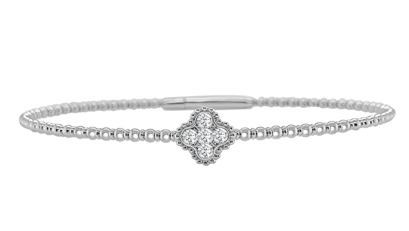 14K WHITE GOLD BEADED BANGLE DIAMOND BRACELET WITH 5=0.21TW ROUND I SI2 DIAMONDS    (4.81 GRAMS)