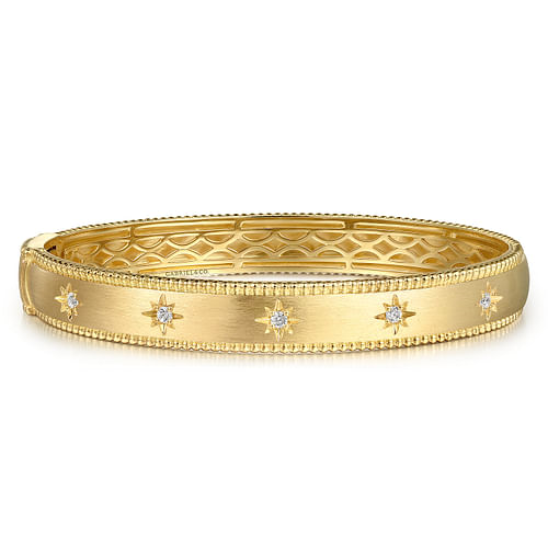 GABRIEL & CO 14K YELLOW GOLD BUJUKAN HINGED BANGLE DIAMOND BRACELET WITH 5 = 0.15TW ROUND I-J SI1-SI2 DIAMONDS