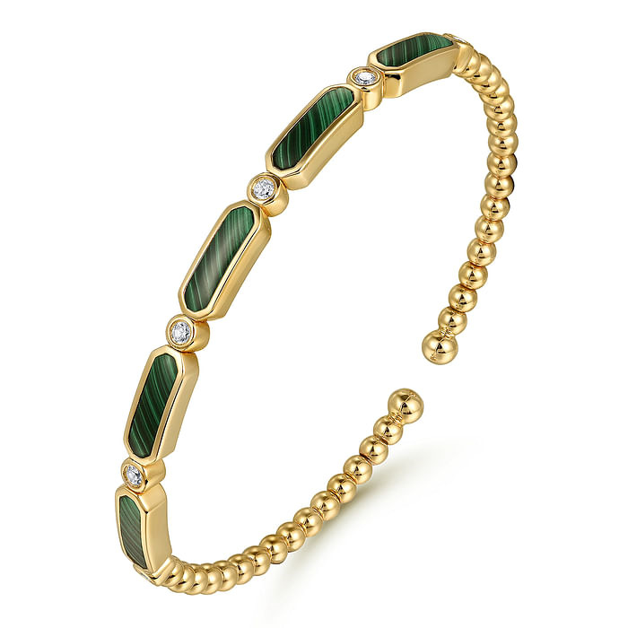 GABRIEL & CO 14K YELLOW GOLD BUJUKAN BANGLE BRACELET WITH 6 = 0.21TW ROUND I-J SI1-SI2 DIAMONDS AND 5 = 3.54TW MALACHITE STONES