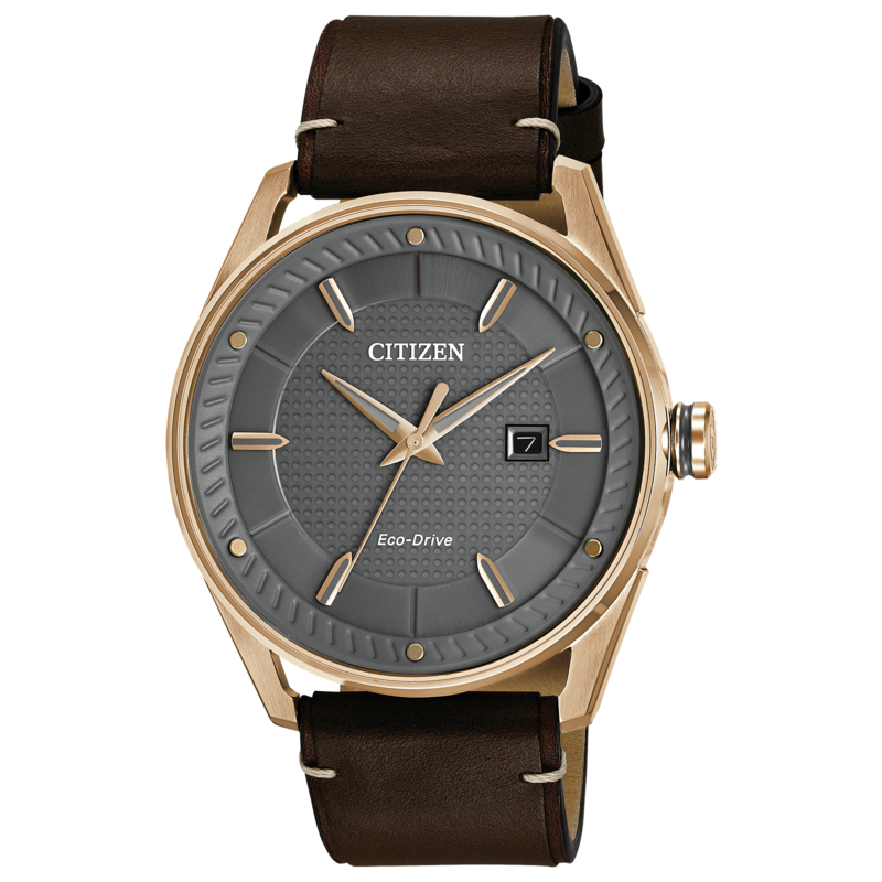 GENTS CITIZEN ECO DRIVE WEEKENDER WATCH ROSE GOLD TONE STAINLESS STEEL CASE  GRAY DIAL WITH ROSE GOLD TONE ACCENTS  AND BROWN LEATHER STRAP