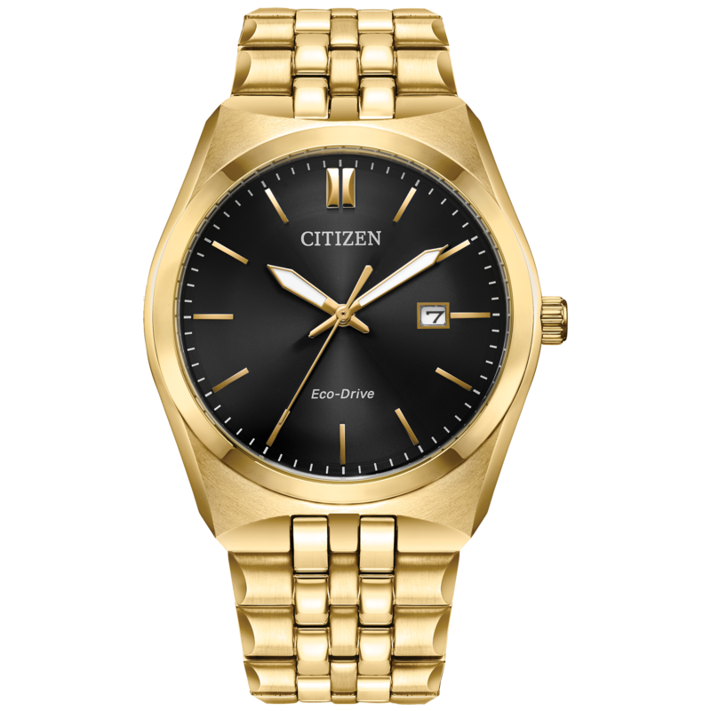 GENTS CITIZEN ECO DRIVE CORSO WATCH GOLD TONE STAINLESS STEEL BRACELET STRAP AND CASE WITH BLACK DIAL