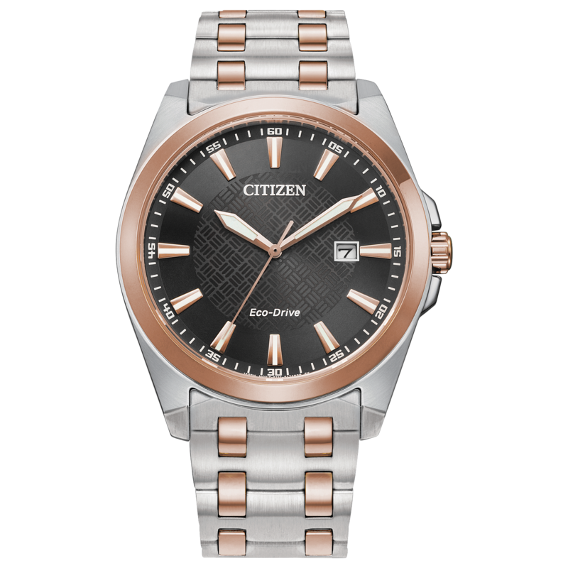 GENTS CITIZEN ECO DRIVE PEYTEN WATCH TWO TONE ROSE GOLD TONE STAINLESS STEEL BRACELET STRAP AND CASE WITH BROWN DIAL