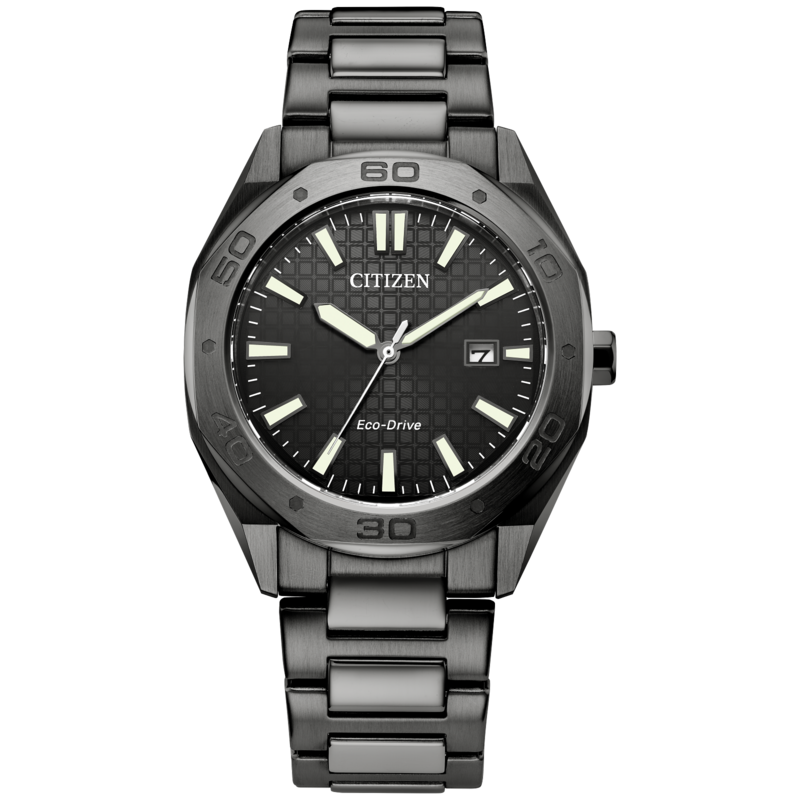 GENTS CITIZEN ECO DRIVE WEEKENDER WATCH GRAY STAINLESS STEEL BRACELET STRAP AND CASE WITH DARK GRAY TEXTURED DIAL