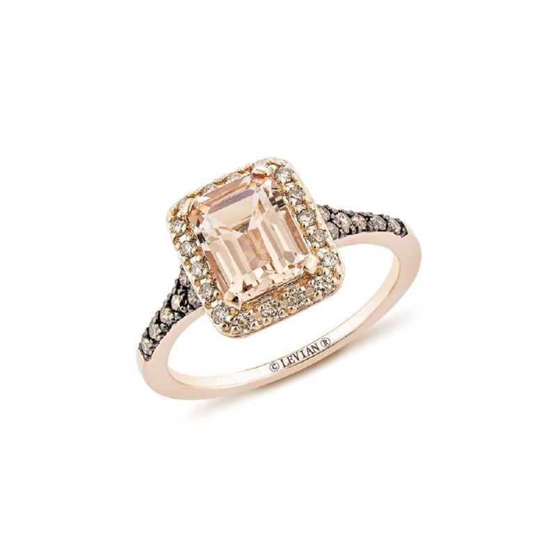 LE VIAN 14K STRAWBERRY GOLD HALO RING SIZE 7 ONE = 1.15CT EMERALD PEACH MORGANITE  18 = 0.15TW ROUND VS2-SI1 NUDE DIAMONDS  AND 12 = 0.13TW ROUND CHOCOLATE SI1 DIAMONDS  (3.03 GRAMS)