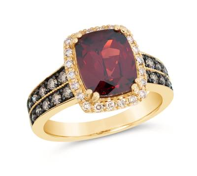 LE VIAN 14K HONEY GOLD MILGRAIN HALO RING SIZE 7 ONE = 3.15CT CUSHION POMEGRANATE GARNET  20 = 0.33TW ROUND CHOCOLATE SI1 DIAMONDS  AND 22 = 0.20TW ROUND VS2-SI1 NUDE DIAMONDS  (5.13 GRAMS)